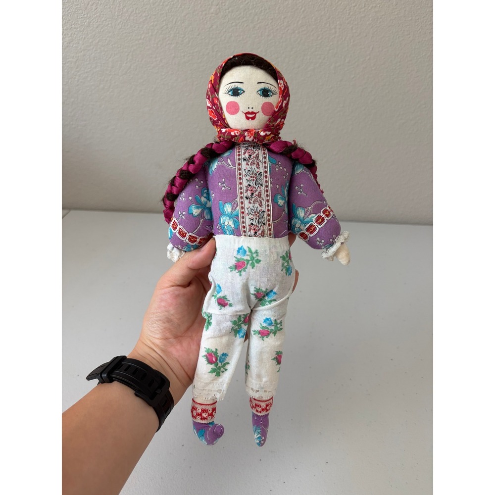 Vintage 70s Russian Babushka Cloth Doll Braided Yarn Hair Folk Art Rag Toy